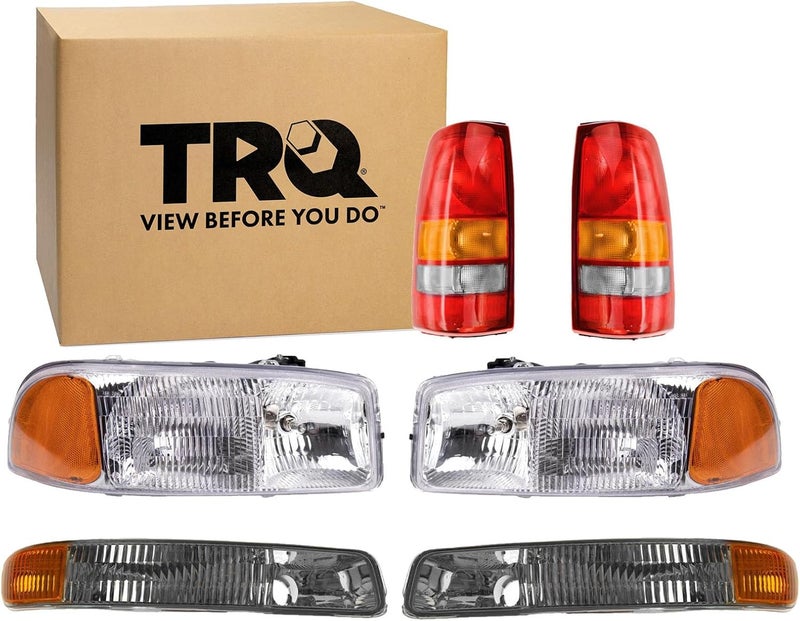 TRQ 6 Piece Driver & Passenger Side Headlight Parking Light Tail Light Assembly Set Compatible with 1999-2002 Chevy Silverado 1500 2500 & HD 1999-2003 GMC Sierra 1500 2500 With Fleetside Bed GM2502188 - Image 1